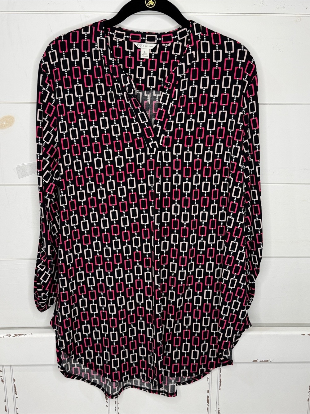 Cato Black Pink and White Geometric Long Sleeve Blouse
